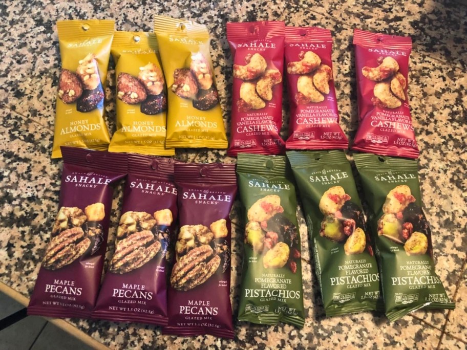 snack bags of sahale snacks glazed nuts in four different flavors on counter