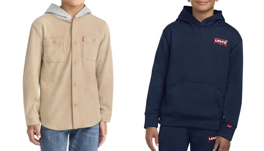 two boys in tan and navy sweatshirts