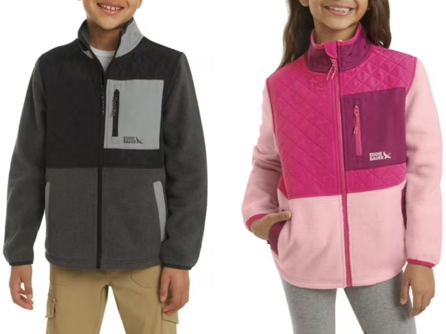 Stock images of two kids wearing Eddie Bauer jackets from Sam's club