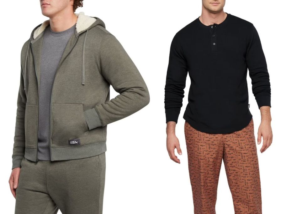 Stock images of two men wearing Eddie bauer clothing and pajamas