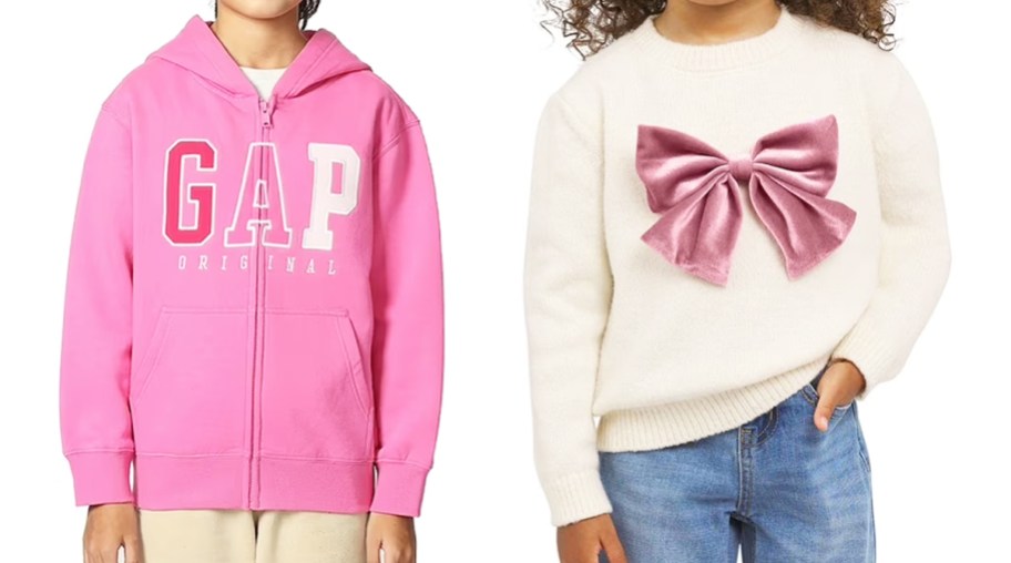 girl in pink gap hoodie and girl in white bow sweater