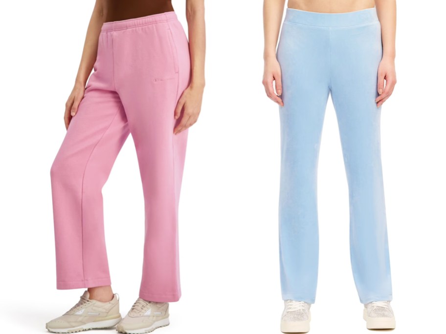 two women in pink and blue sweatpants