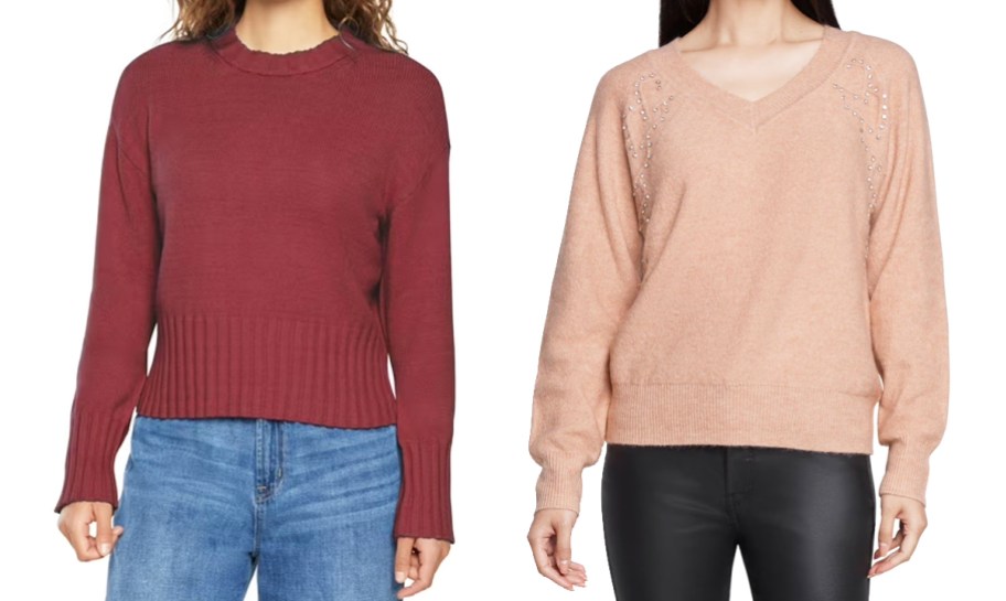 two women in red and tan sweaters