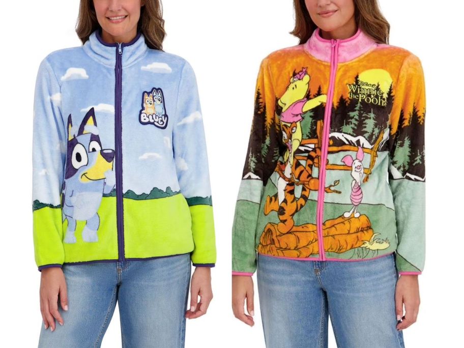 a woman wearing a Bluey jacket and another wearing a Winnie the Pooh jacket