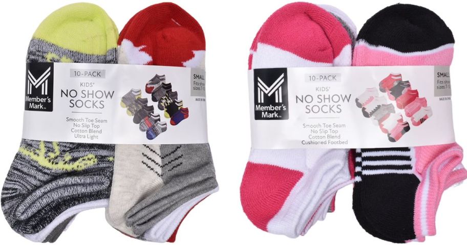 Stock images of two 10-packs of kids Member's Mark Socks