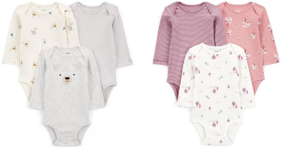 Stock images of two 3-packs of Carter's Baby Bodysuits