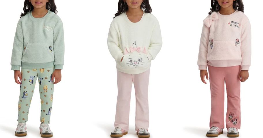 Stock images of 3 little girls wearing Bluey, Aristocats and Minie Mouse Cozyclothing sets