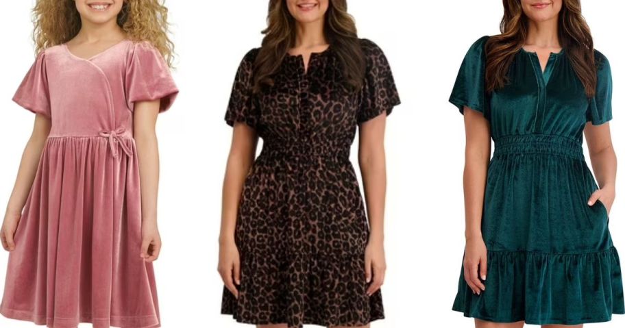 Stock images of a girl and two women wearing velvet dresses