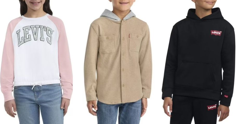 Stock images of a girl and two boys wearing Levi's tops