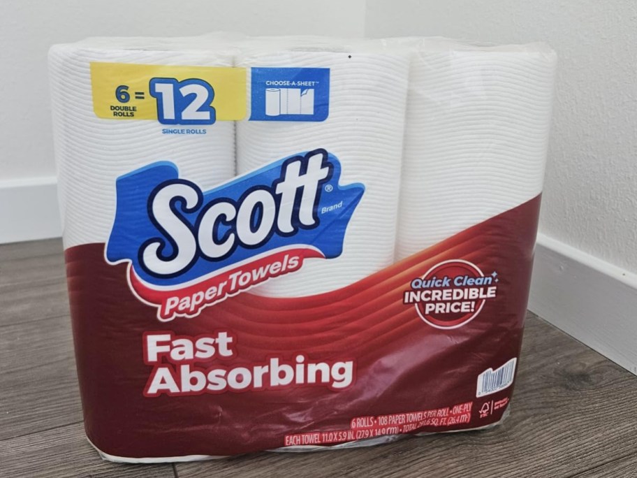 package of Scott Paper Towels Double Rolls on wood floor