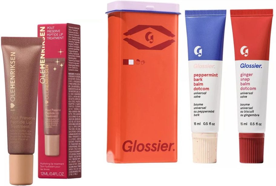 Stock images of Olehenriksen and Glossier Lip Items