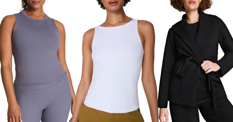Stock images of 3 women wearing Spanx tanks and a cardigan sweater