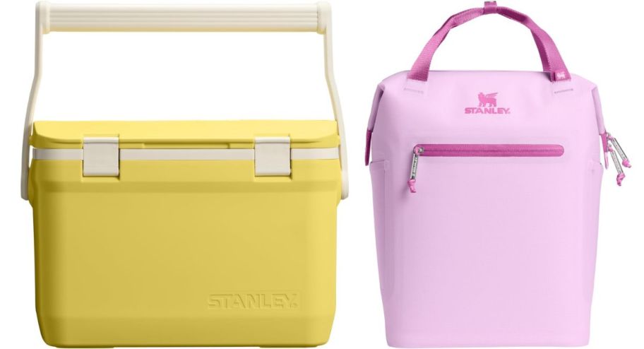 two different color stanley coolers