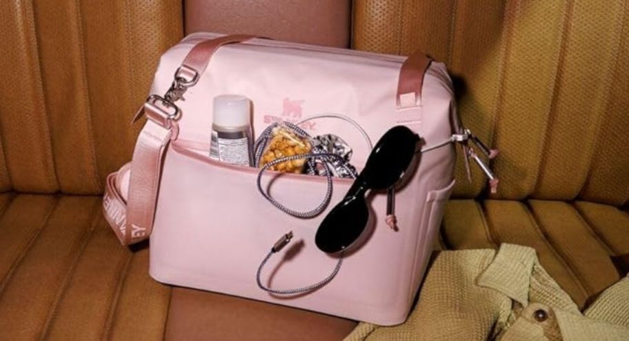 Pink cooler with accessories 