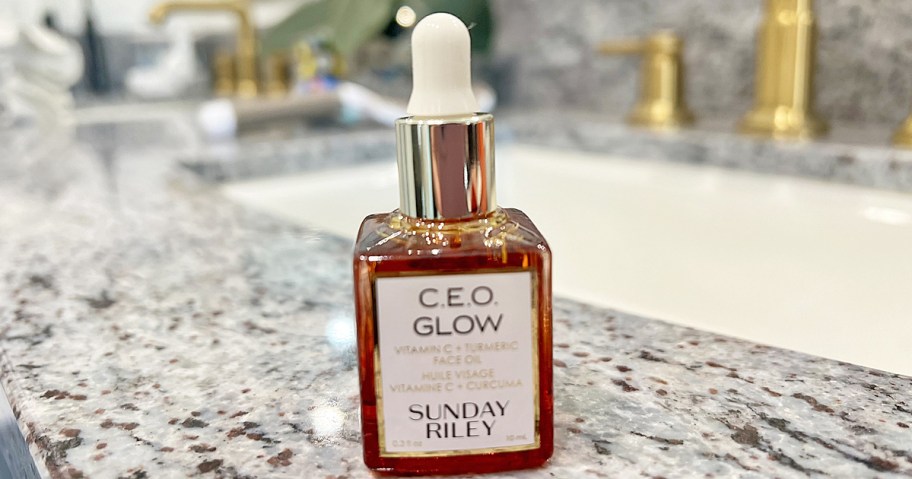 bottle of Sunday Riley C.E.O. Glow on bathroom counter
