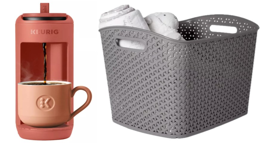 coffee maker and gray storage basket