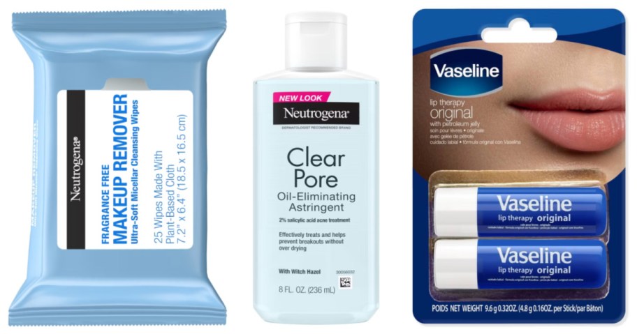 makeup remover wipes, face cleanser and lip balm
