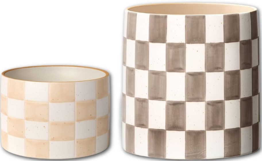 Stock images of two checkered Threshold Planters from Target