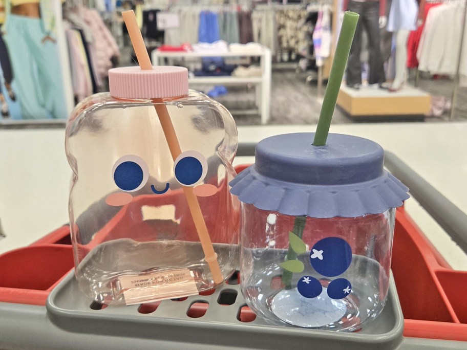 toast and jam jar sipper cups in a target shopping cart