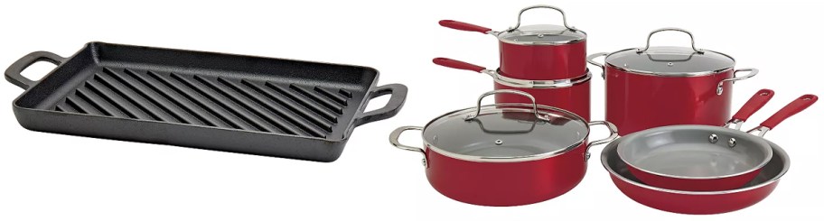 The Big One Pre-Seasoned Cast-Iron Grill, 10-pc. Silicone Ceramic Cookware Set