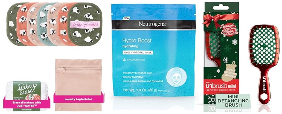 The Original MakeUp Eraser Counting Sheep 7-Day Set, Neutrogena Hydro Boost Hydrating Mask, UNbrush Mini Hair Brush