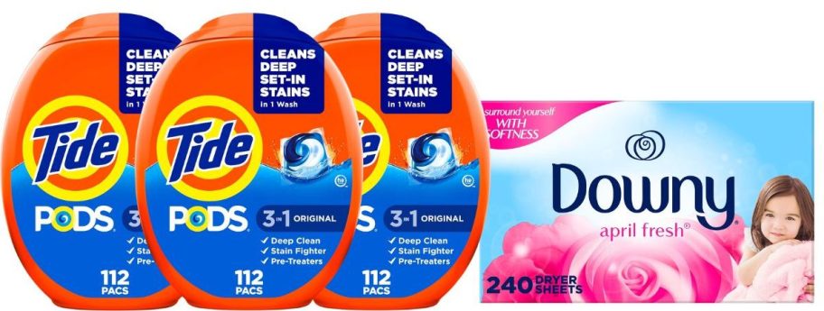 stock image of three tide pods with a downy 