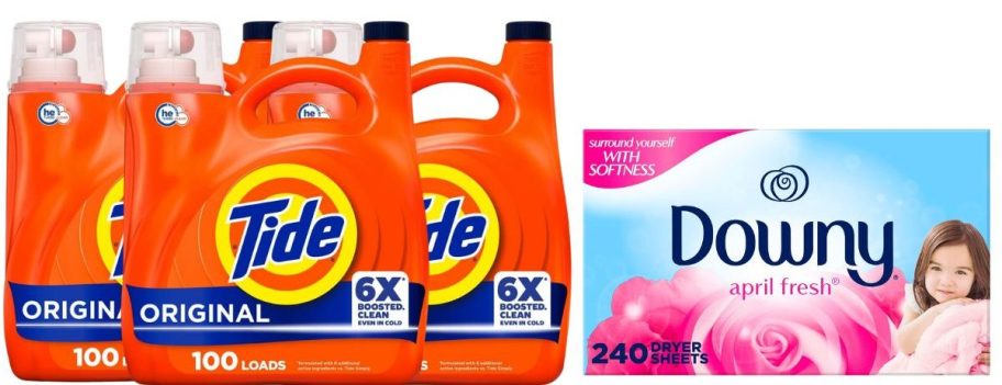 Three tide large bottles and downy sheets