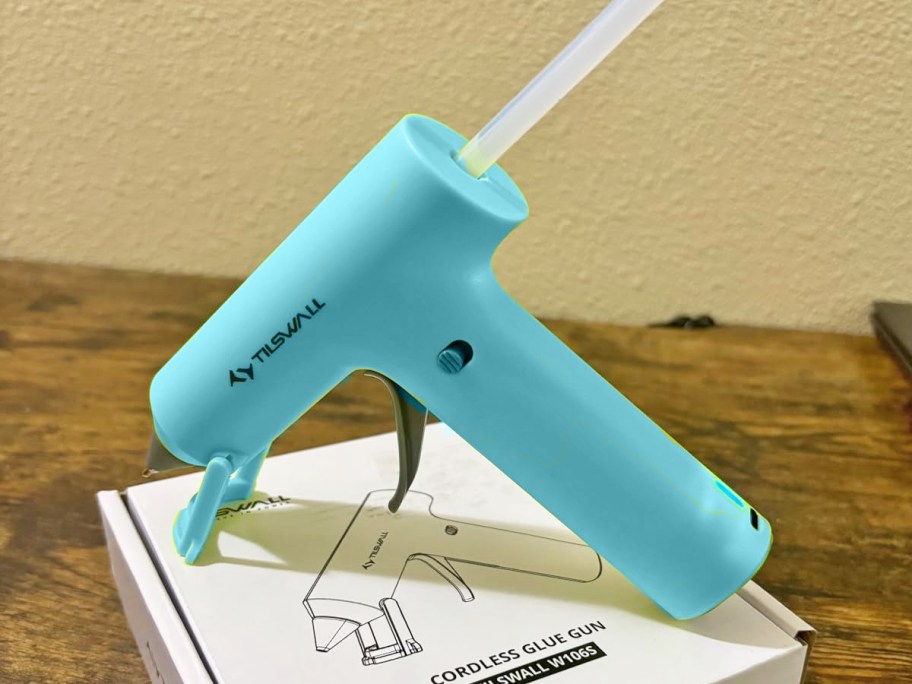 blue cordless hot glue gun on its box