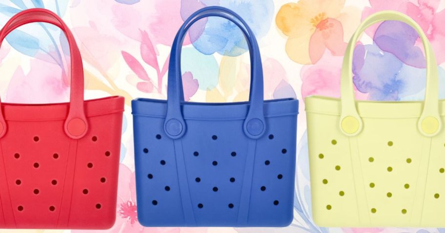 three Time and Tru Women's Mini Beach Tote Bags against floral background