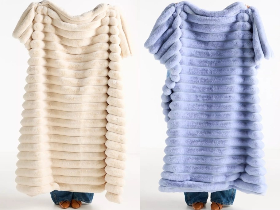 ivory and light blue tipped puffer faux fur blankets