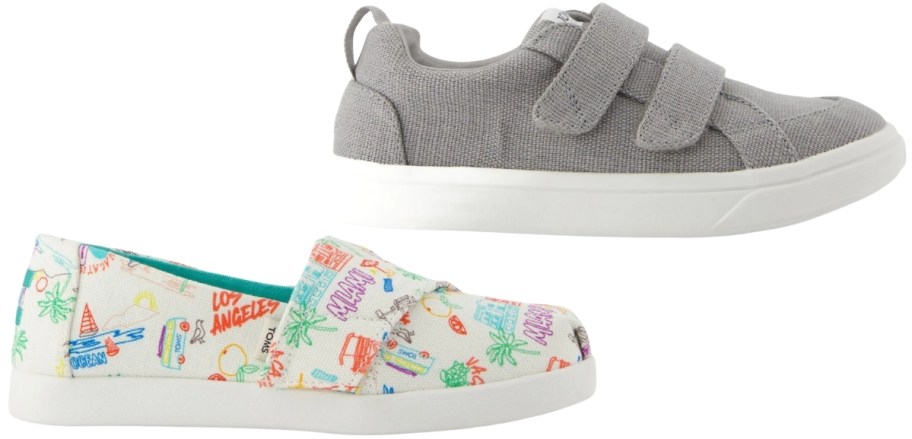 a kids slip on shoe and a kids velcro sneaker