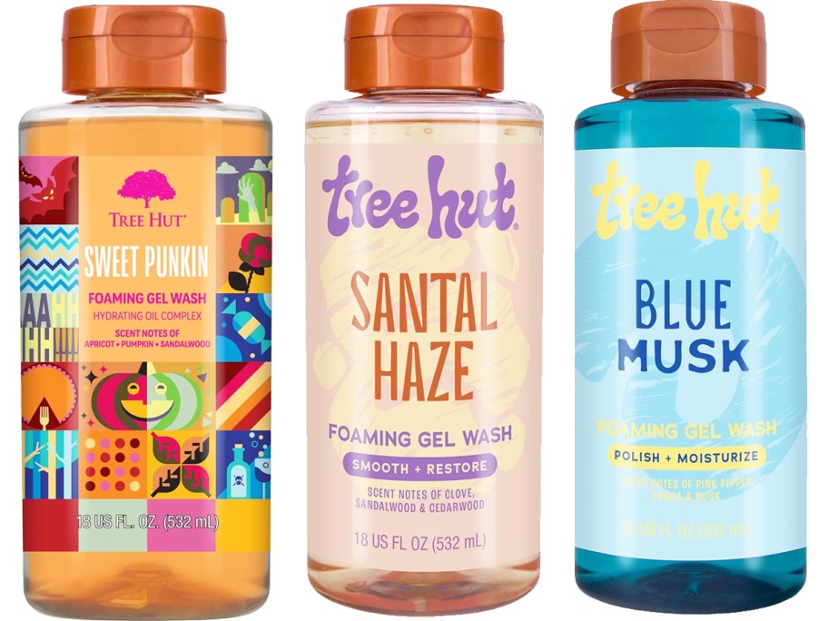 three bottles of Tree Hut Body Wash in a row