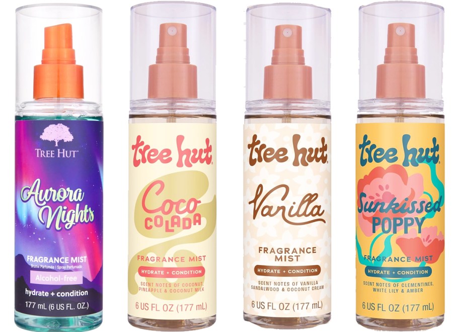 4 bottles of Tree Hut Fragrance Mists in a row
