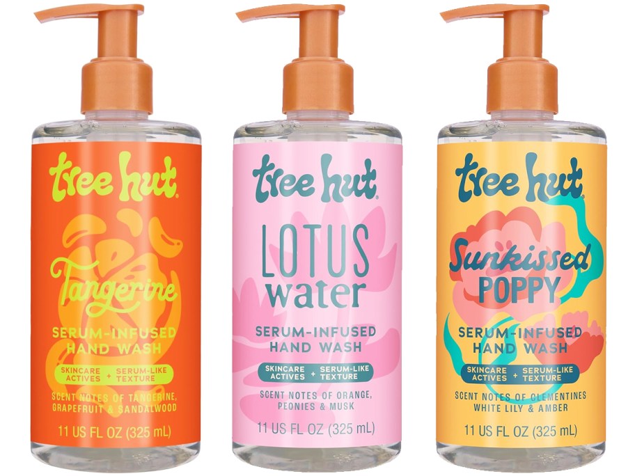 three bottles of Tree Hut Hand Wash in a row