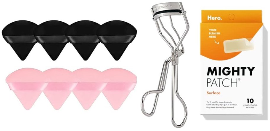 Triangular Powder Puff 8-Pack, Silicon Pad Eyelash Curler, Mighty Patch Surface Patches 10-Pack
