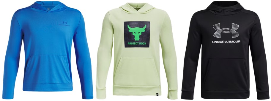 blue, green, and black under armour hoodies