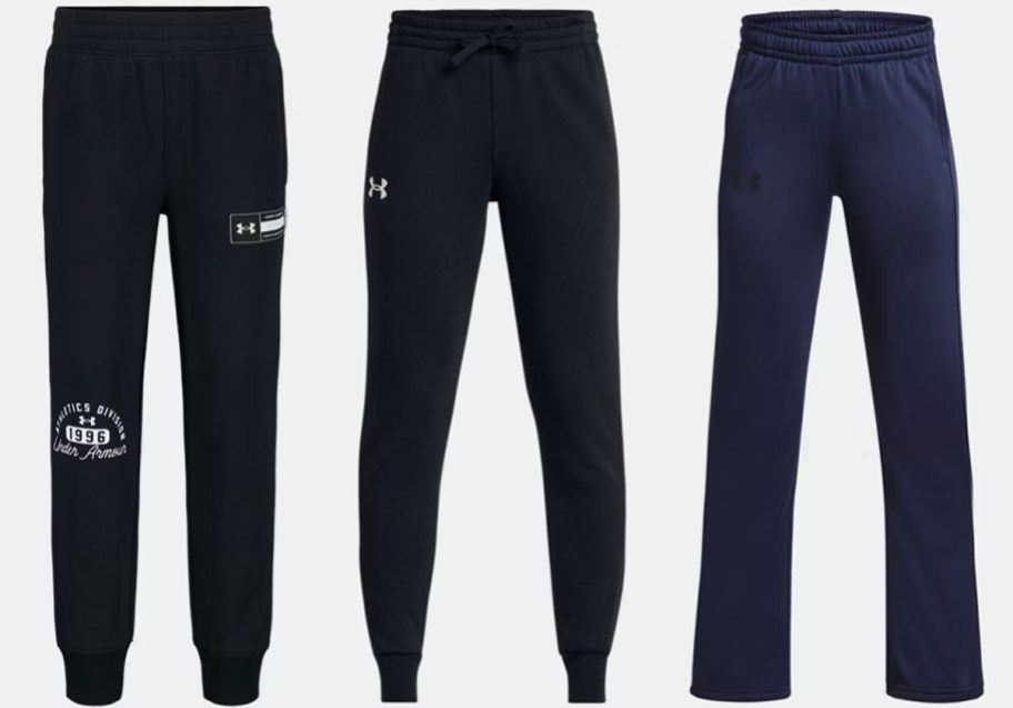three black and blue pairs of fleece pants