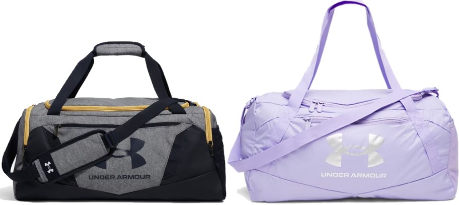 grey/black and light purple duffle bags