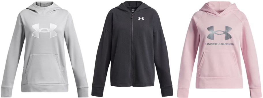 grey, black, and pink under armour hoodies