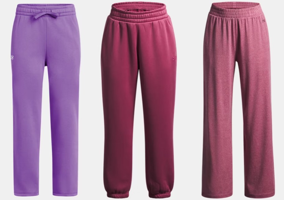 3 pink and purple pairs of fleece pants