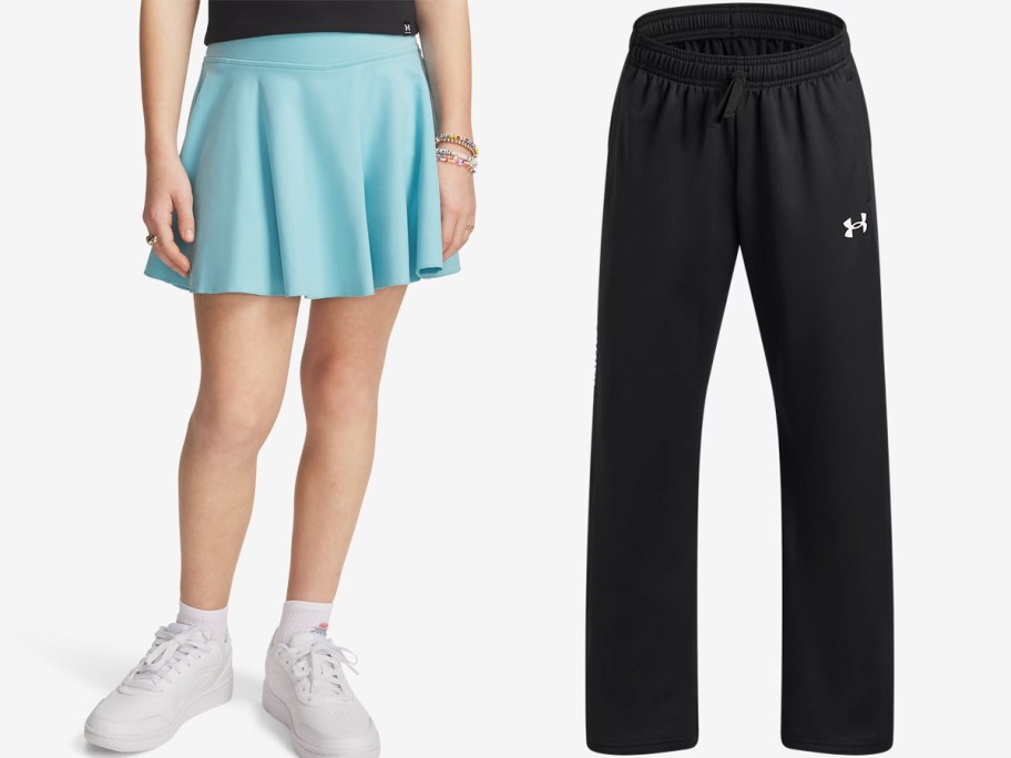 blue skirt and pair of black sweatpants
