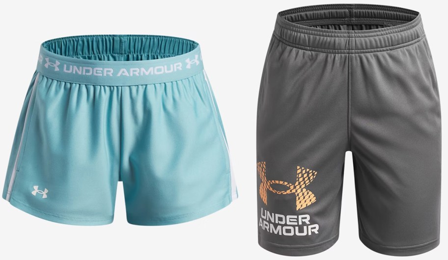 blue and grey pairs of under armour shorts