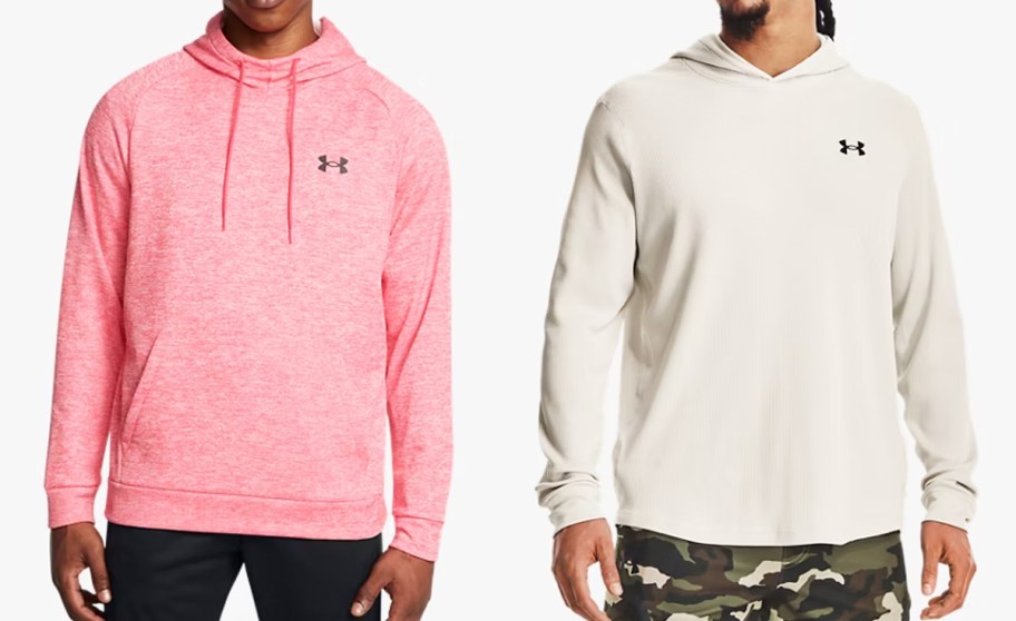 two men in red and beige hoodies