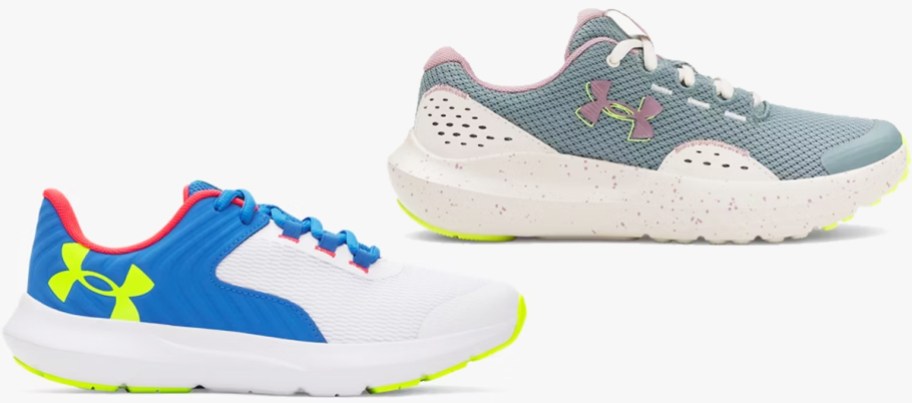 two blue under armour running shoes