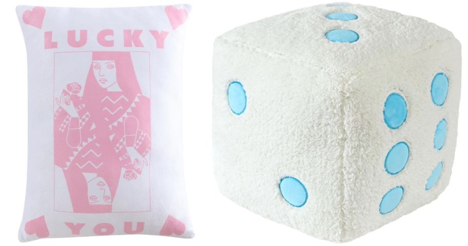 Urban Shop 18 x 14 Smooshie Queen of Hearts Pillow and 10.5 x 10.5 Blue & White Dice Pillow
