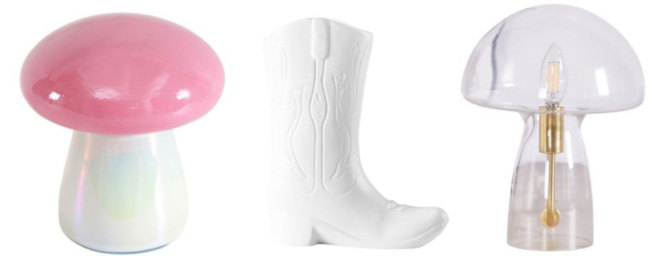 Urban Shop Lidded Iridescent Pink Mushroom Candle, Ceramic Cowboy Boot Vase, and Novelty Glass Mushroom Lamp&nbsp;