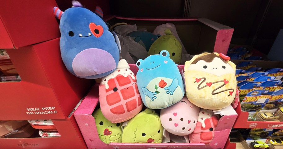 stack of mini valentine's themed Squishmallows in store