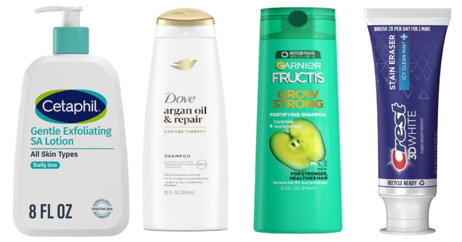 face lotion, shampoo and toothpaste