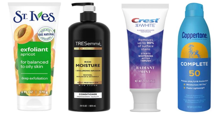 face wash, shampoo, toothpaste and sunscreen spray