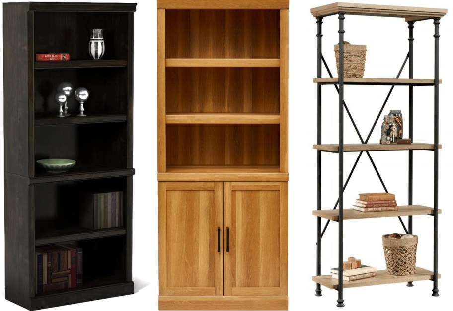 three wood bookcases in a row